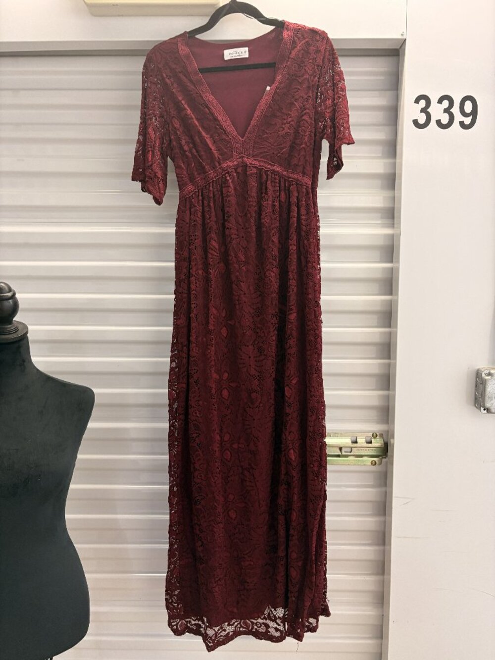 Women's Medium burgundy lace dress with see through sleeves and v-neck